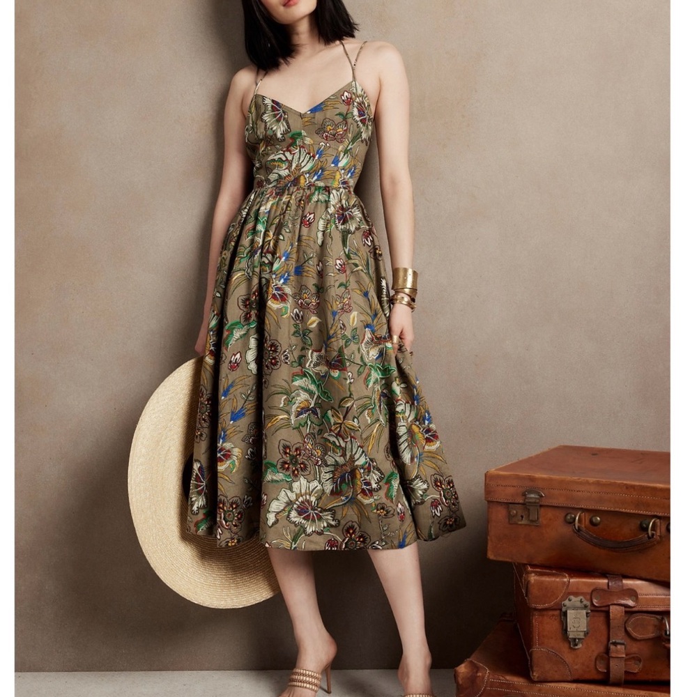 Banana Republic Floral Midi Dress in Green and Brown